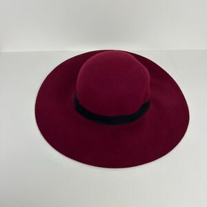100% Wool Wide Brim Hat Womens One Size Maroon Red Wine Color Classic Holiday